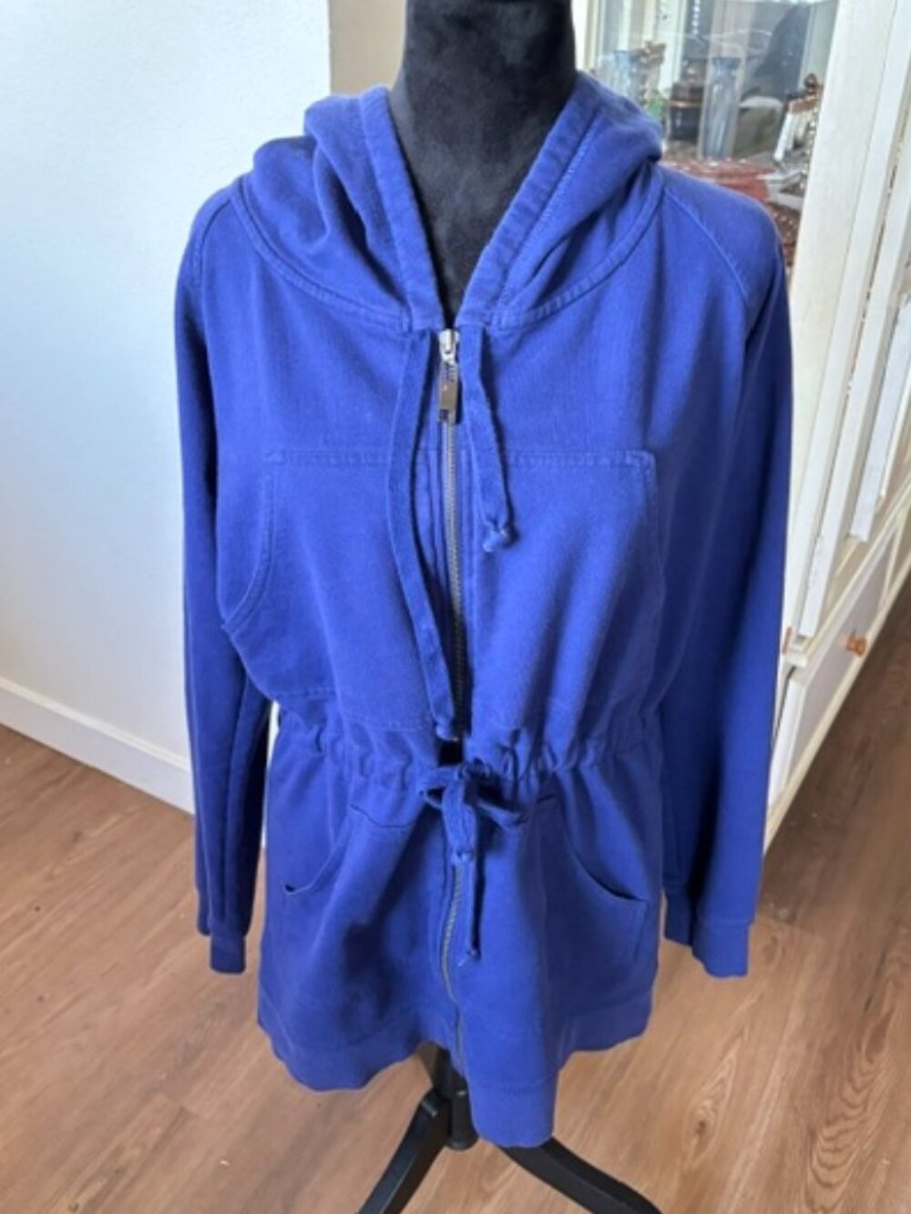 Norma Kamali Blue Fleece Hooded Jacket Cinch Waist M